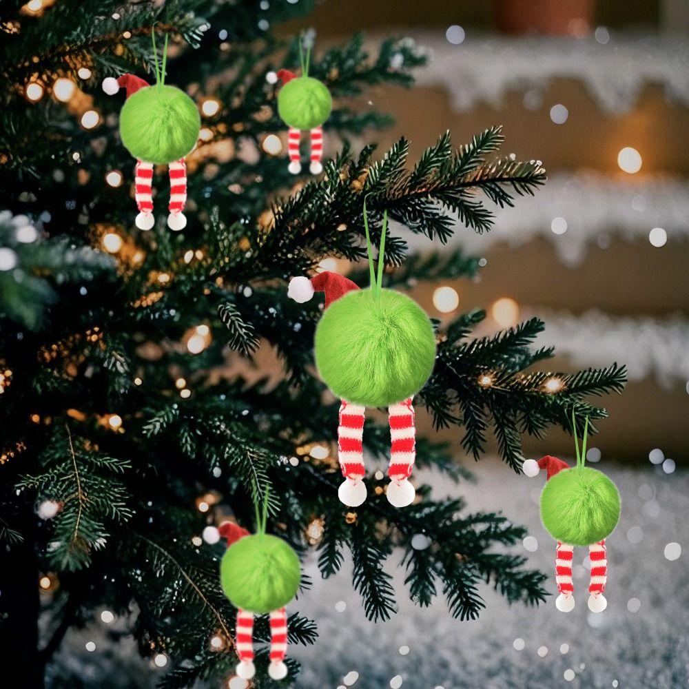 Plush Furry Christmas Ball Lime Green DIY Christmas Tree Decoration Ball 6cm with Bow Christmas Hanging Decorations New Year