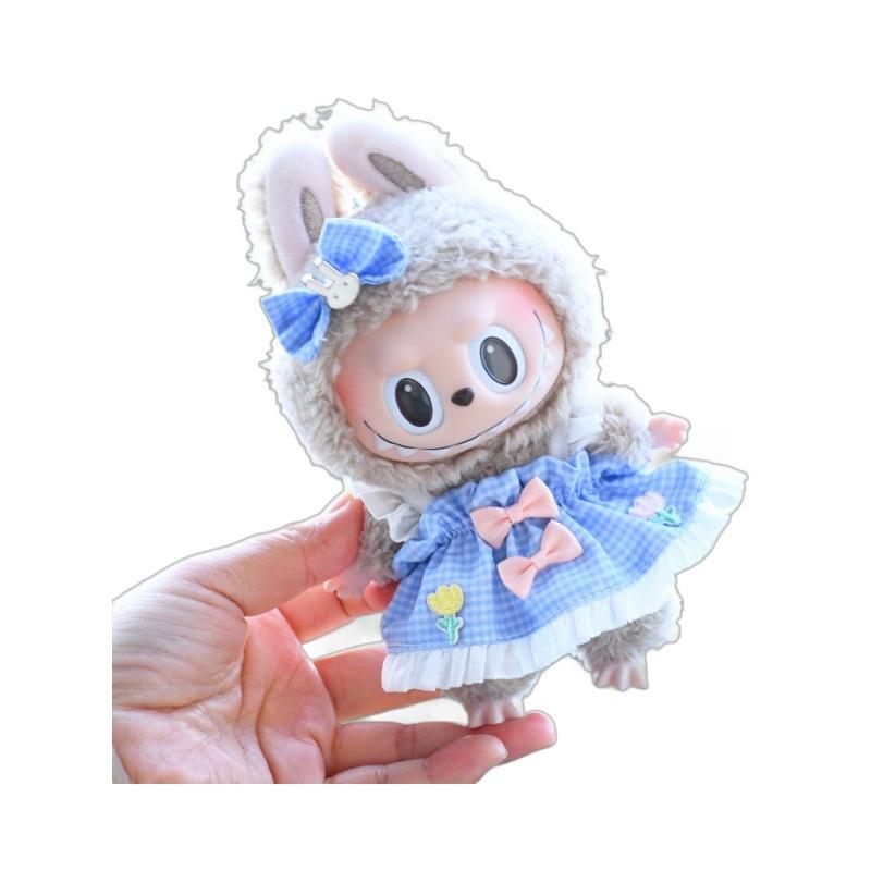 Only Clothes, Excluding Dolls, Blind Box 17cm Pendant Accessories, Canvas Clothes, Blue Checkered, Camisole Skirt, Keychain, Labubu Doll Dress