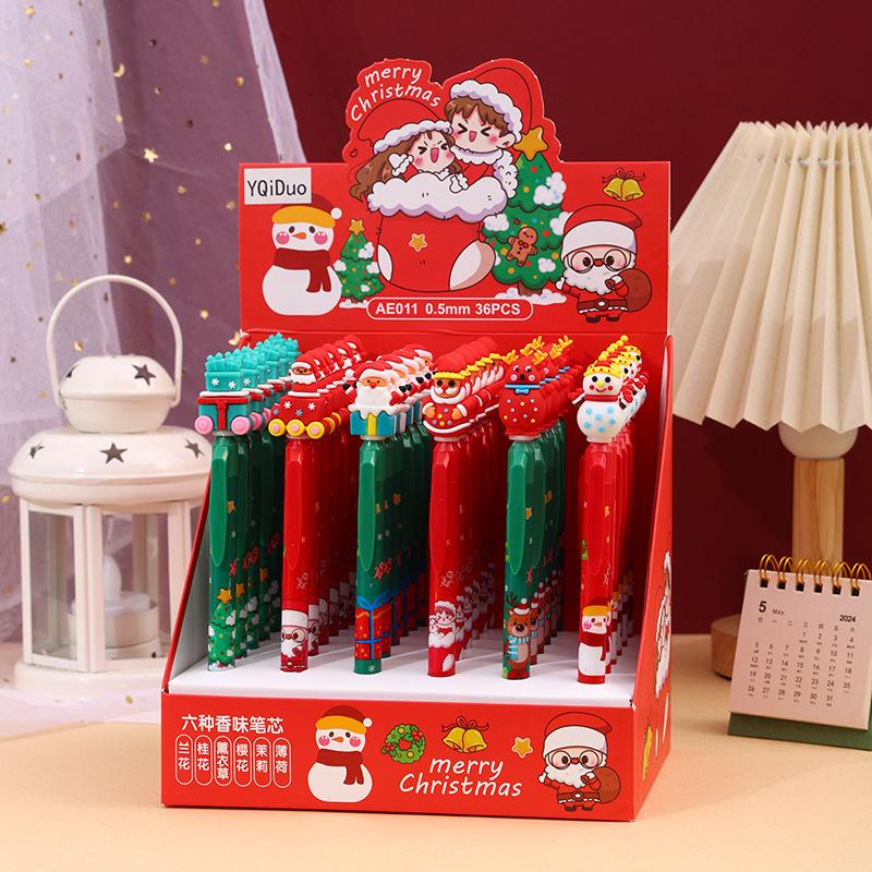 36Pcs Cartoon Christmas Scalable Ballpoint Pens, 0.5mm Fine Point ST Head Press, Santa Claus Snowman Patch Pen for Office Signature School Students Ch