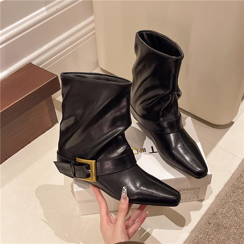 Autumn and winter new French retro pointed toe wedge short Martin boots belt buckle thin boots short boots