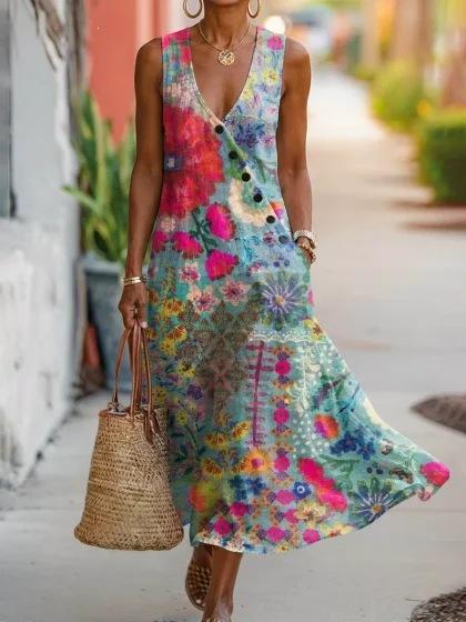 Summer V-neck Sleeveless Diagonal Button-up Vest Skirt Long Women's Vacation Casual Dress