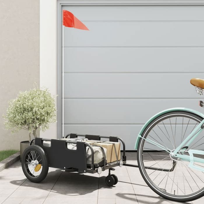 VidaXL Bicycle Trailer, Transport Cart with Hitch Bar, Bicycle Trailer with Flag for Luggage, Black 94185