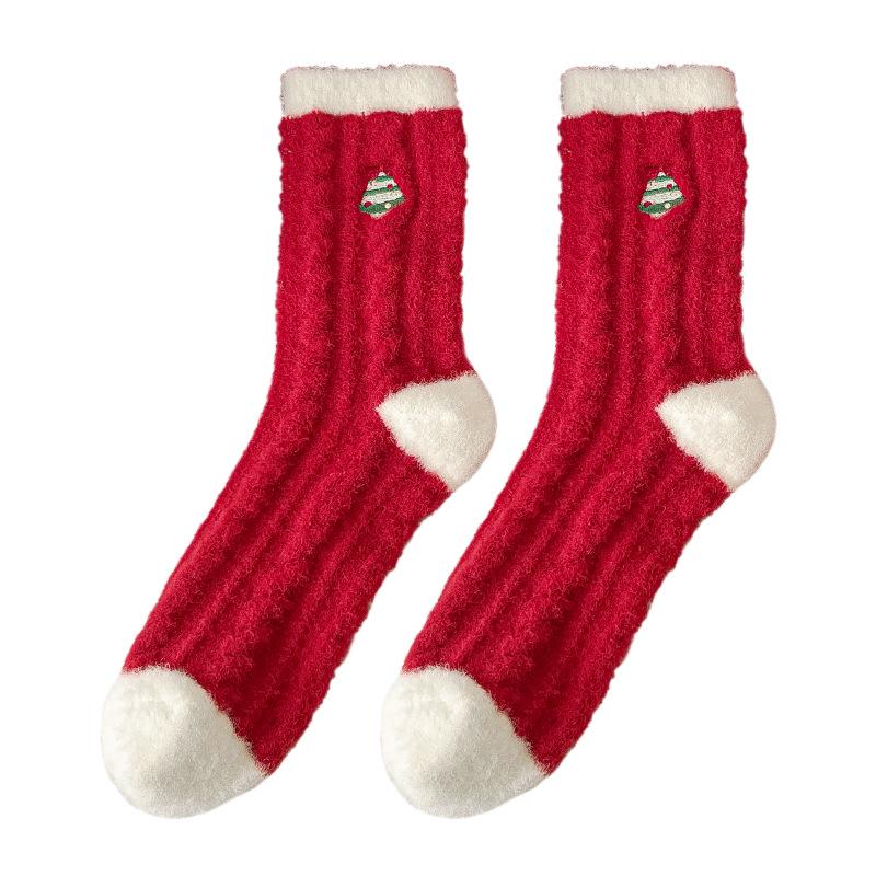Women's Winter Coral Fleece Socks with Velvet Lining - Thick, Warm Red Christmas Socks with Embroidered Australian Wool for Benmingnian and Sleep.