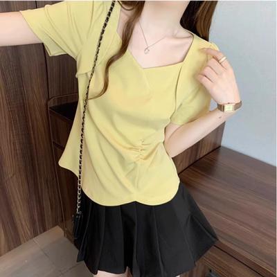 Straight Shoulders Irregular and Fake Shoulders Summer New Large-size Belly-covering and Slimming Design Top