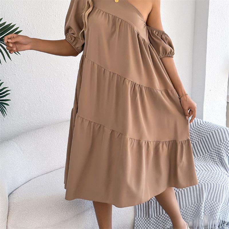 2026 Spring Summer Women's Off Shoulder Short Sleeved Ruffled Hem Long Skirt S-XL