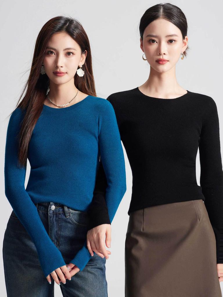 Machine Washable Women's Seamless 100% Pure Wool Round Neck Knit Sweater, 60 Count, 18 Gauge, Autumn Base Layer