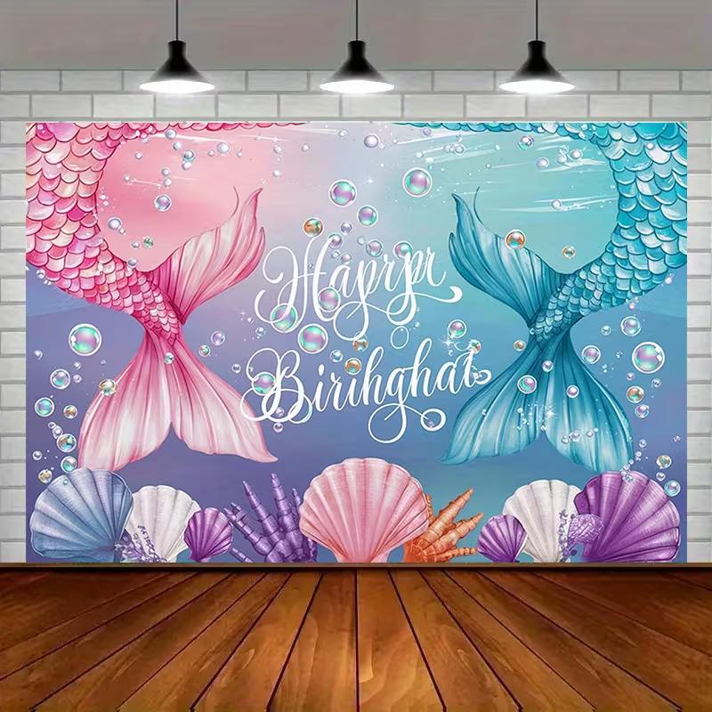 2D Little Mermaid Photo Backdrop with Colorful Tails and Underwater Scene