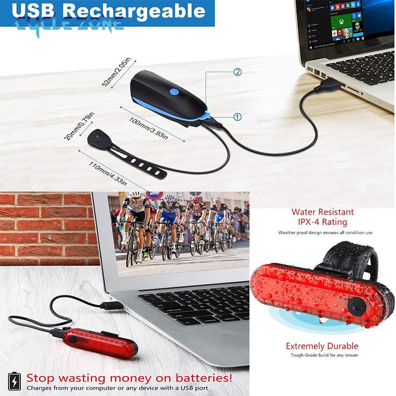 Bicycle Light with Horn USB Rechargeable LED Waterproof MTB Bike Dark Night Outdoor Riding Headlight and Rear Bike Light Set