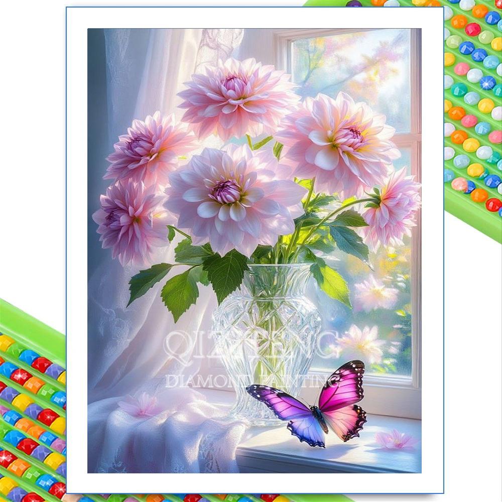 Window View Flower Diamond Painting 5D Full Drill Lily Rose Peony Bouquet DIY Rhinestone Embroidery Mosaic Art Home Decor Gift