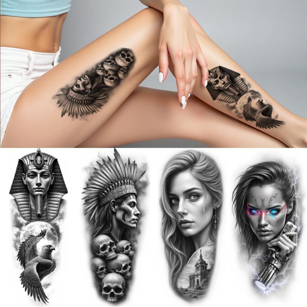 12 Stück Temporäre Tattoos Schwarz Grau Realismus Kleopatra Frau Indianerhäuptling Für Frauen Männer Oberschenkel