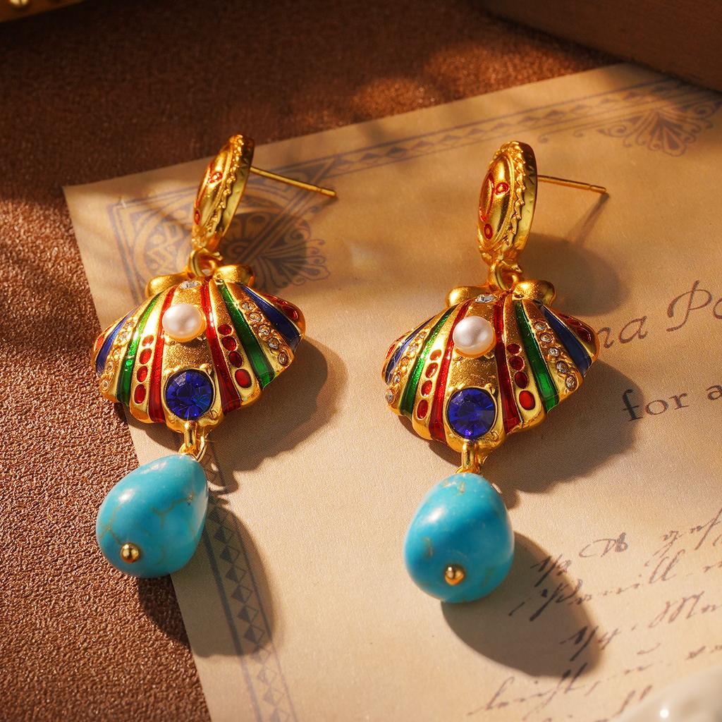 Court Style Light Luxury New Earrings Turquoise Fringed Earrings Medieval Brooch Ring Retro High-end Earrings