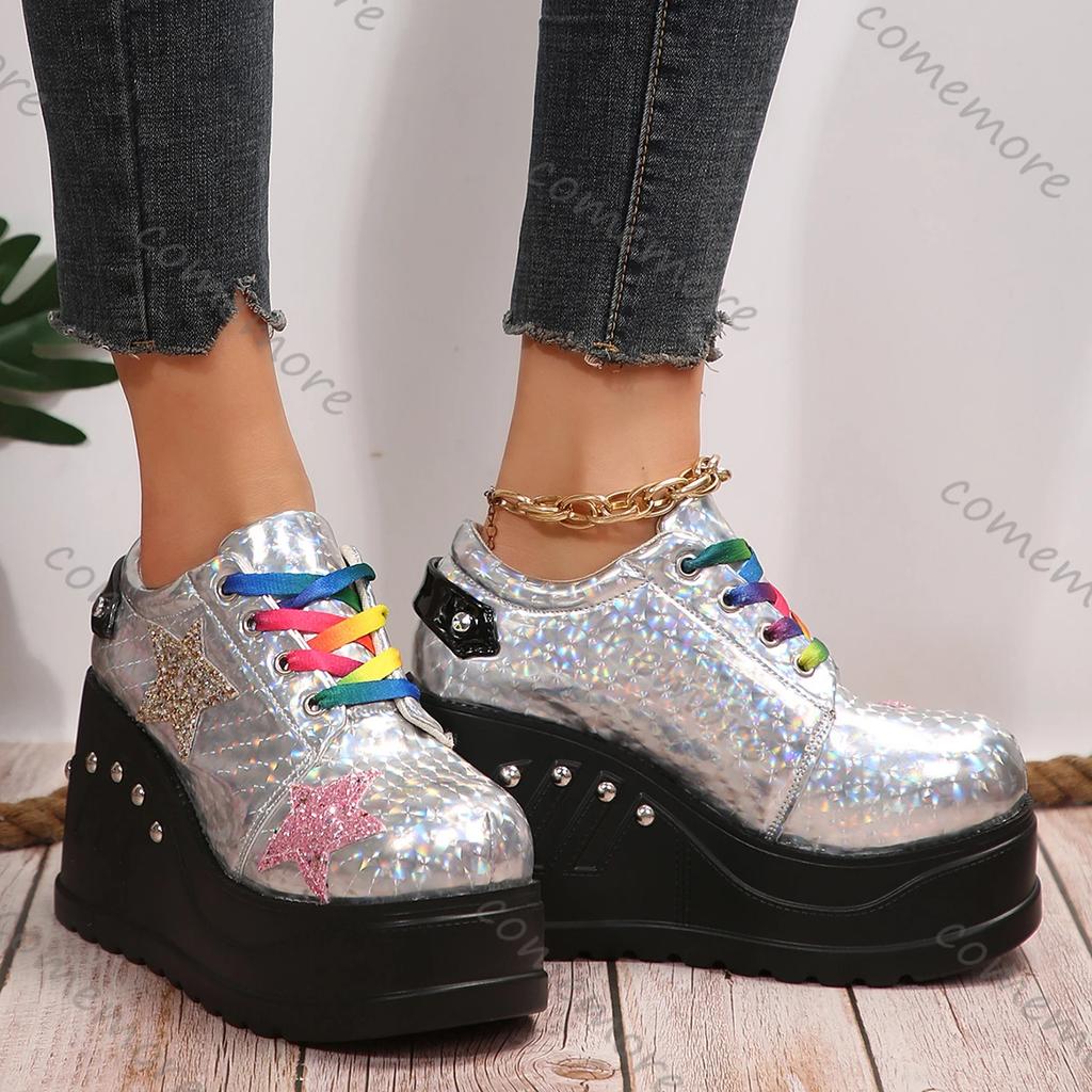 Women Sneakers 2025 New Platform Wedge Plus Size Rainbow Sneakers Women Silver Sequin Punk Designer Shoes Women