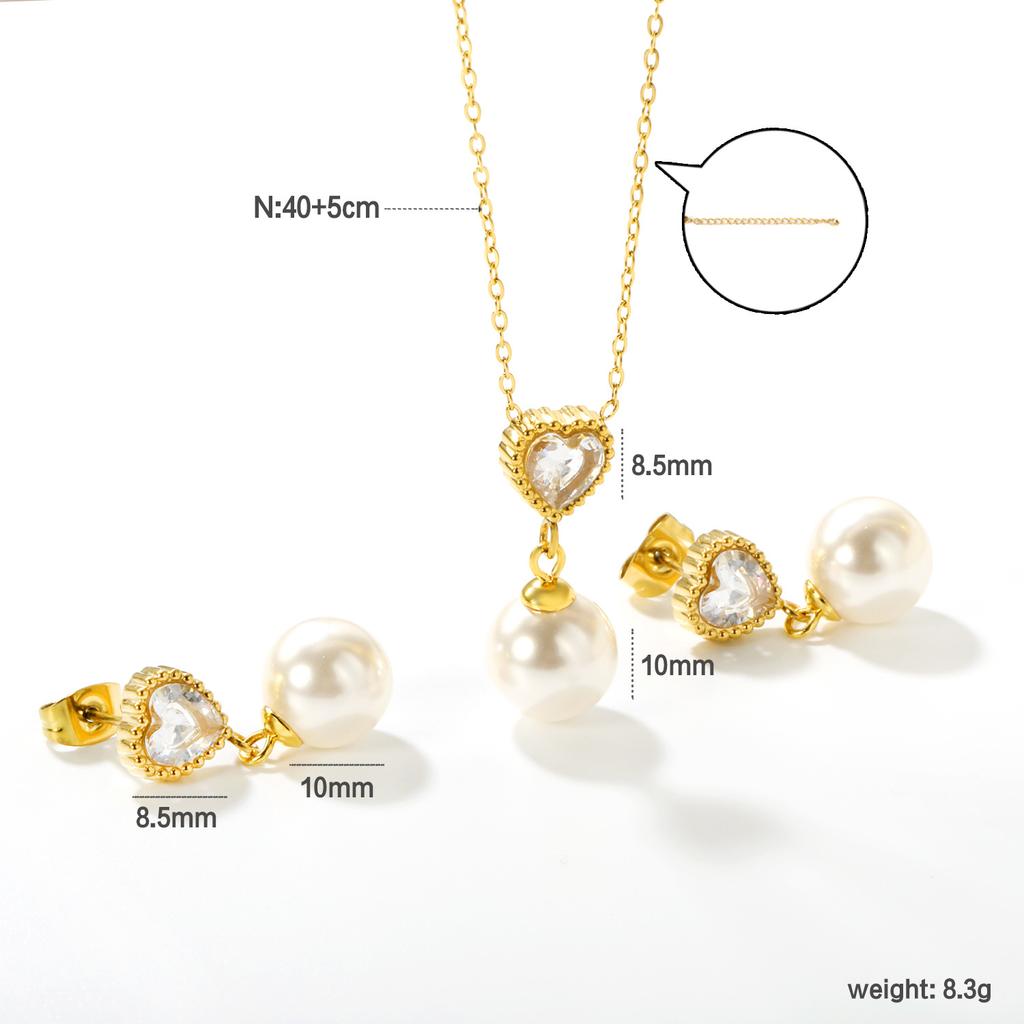 Love Heart Zircon Pearl Earrings Necklace Set Minimalist Light Luxury Jewelry for Women