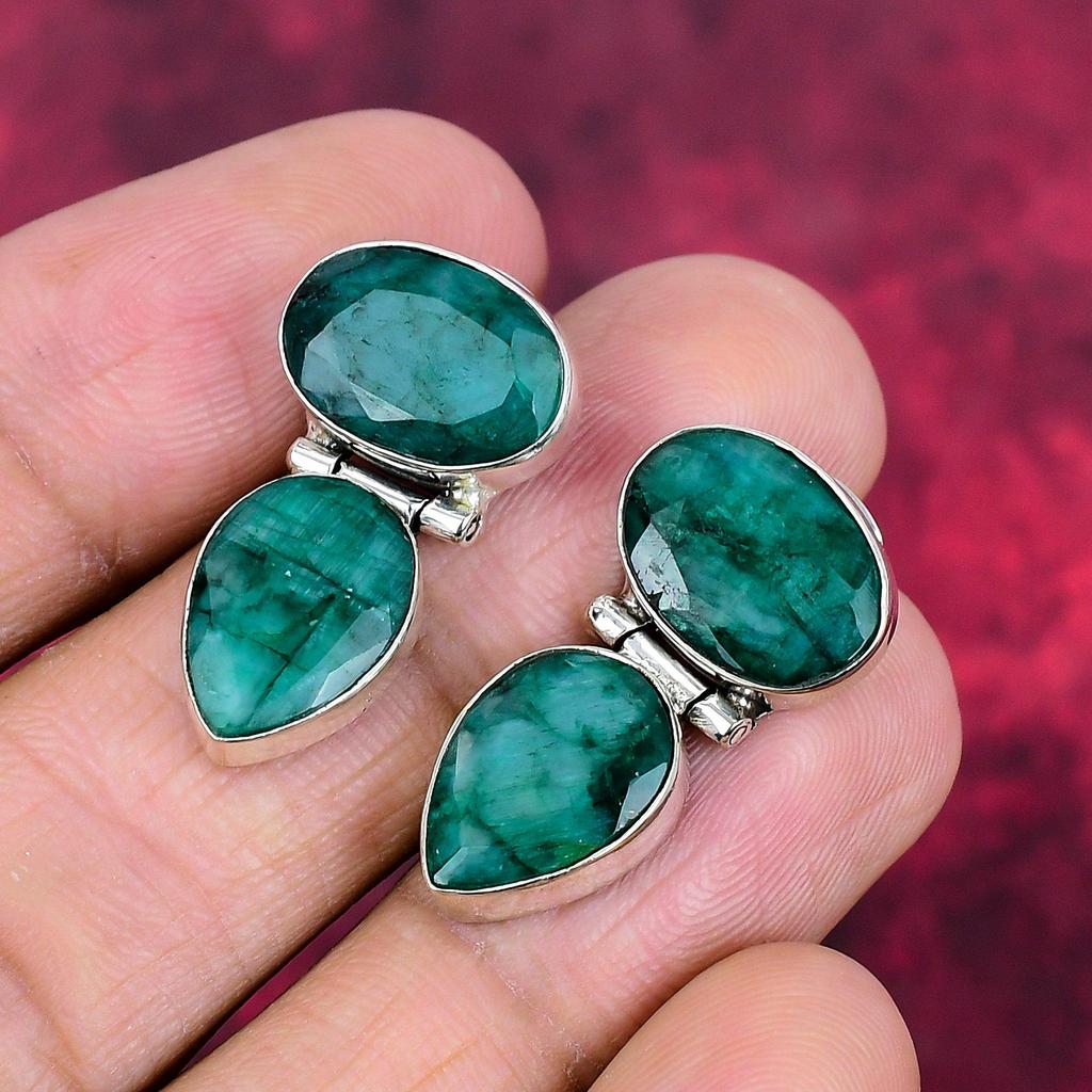 Emerald 925 Solid Sterling Silver Earrings, Handmade Gemstone Earrings Jewelry, Gifts For Wife Brand New Earrings