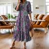 Summer Maxi Dresses For Women Casual V Neck Half Sleeve Vintage Printed Long Dress Boho Beach Vacation Dress Plus Size
