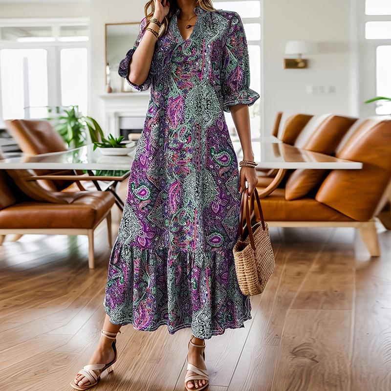 Summer Maxi Dresses For Women Casual V Neck Half Sleeve Vintage Printed Long Dress Boho Beach Vacation Dress Plus Size