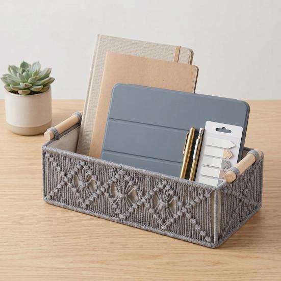 Storage Box with Wooden Handles Large Capacity Basket Woven Design Countertop Organizer for Cosmetics And Sundries