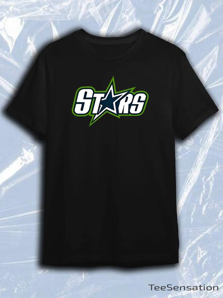 TeeSensation Black Crew Neck Short Sleeve T-Shirt with Dallas Stars Modern White Green Navy STARS Text Logo Print