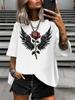 Fashion Black Wings Rose Printed Summer Women's Plus Size T-Shirt Women's Casual Round Neck Short Sleeved Tops