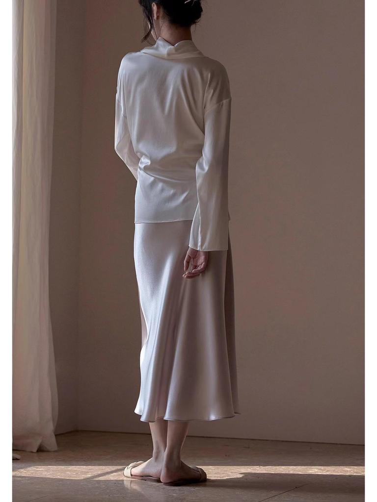 Comfort Memory Imported Acetate Satin A-Line Skirt with Silky Drape and Slimming Elastic Waist