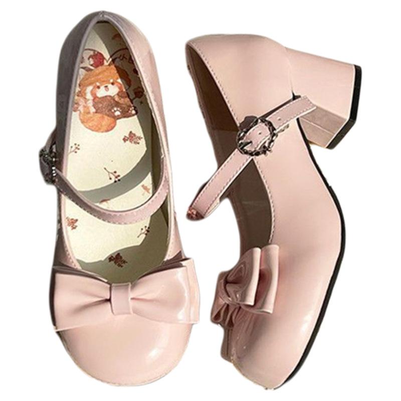 Sweet and cute lolita girl medium and high heel Mary Jane shoes round head bow light mouth one-word buckle belt jk single shoes