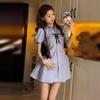 College Striped Blue Dress Women's Summer Small Waist Slim Short Skirt Polo Collar Shirt Skirt Set