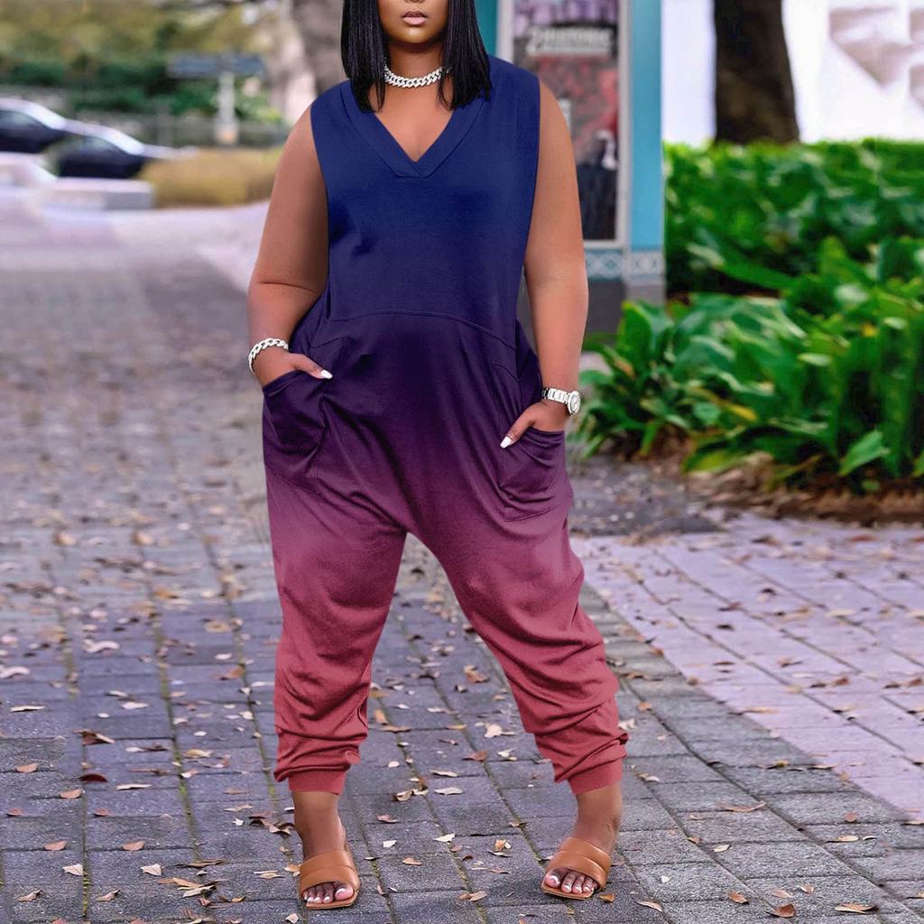 Women's Casual Gradient Tie-Dye Sleeveless Plus Size Jumpsuit With Pockets
