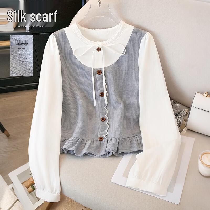 Women s Color Block Spliced Long Sleeve Blouse One Size