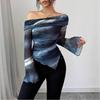 T-shirt Top da Donna a Maglia Rete Stampata Scollo a Barca Sulla Spalla Manica Lunga Vestibilità Slim