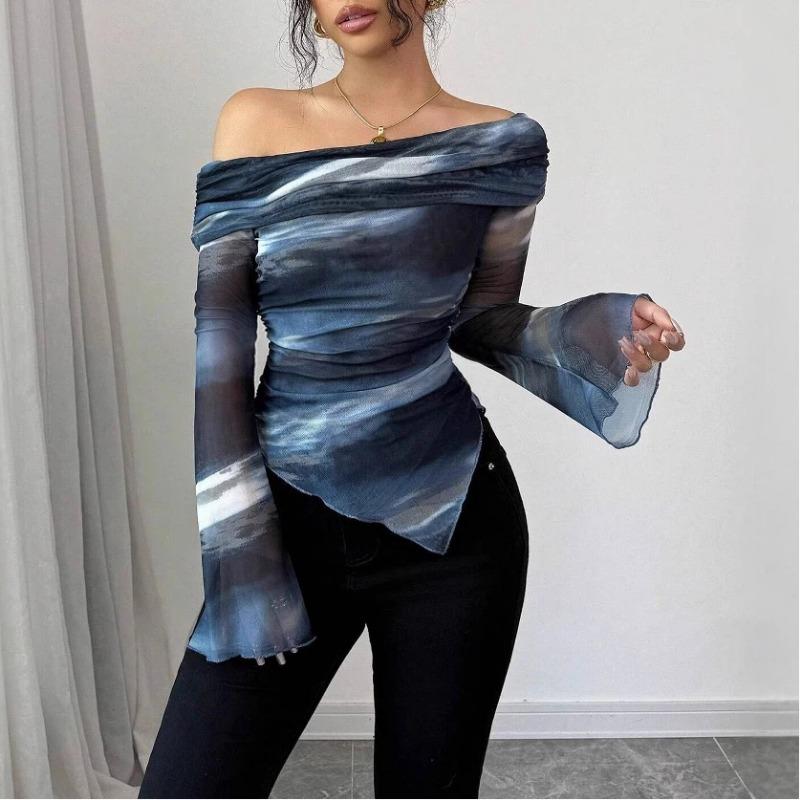 T-shirt Top da Donna a Maglia Rete Stampata Scollo a Barca Sulla Spalla Manica Lunga Vestibilità Slim
