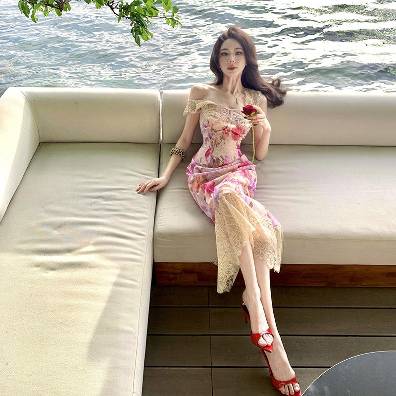 Summer French pastoral oil painting rose smudged lace cut flower dress S