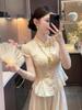 Summer Chinese Style Apricot Frog Button Skirt-Pants Suit for Women - Elegant & Luxurious