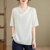 Vintage V-neck Cotton Linen Hanfu Top - Mid-sleeve Zen Tea Ceremony Shirt