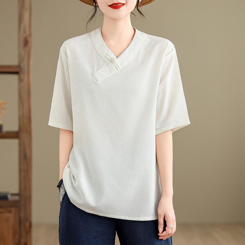 Vintage V-neck Cotton Linen Hanfu Top - Mid-sleeve Zen Tea Ceremony Shirt