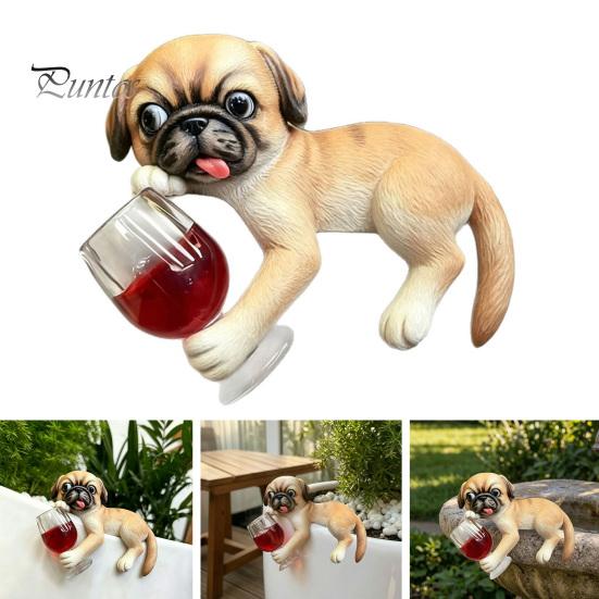 Creative Planter Edge Decor Lying Pug Statue for Planter, Dog Figurine with Red Wine Tabletop Animal Ornament Glass, Cute Resin Flower Pot Decoration