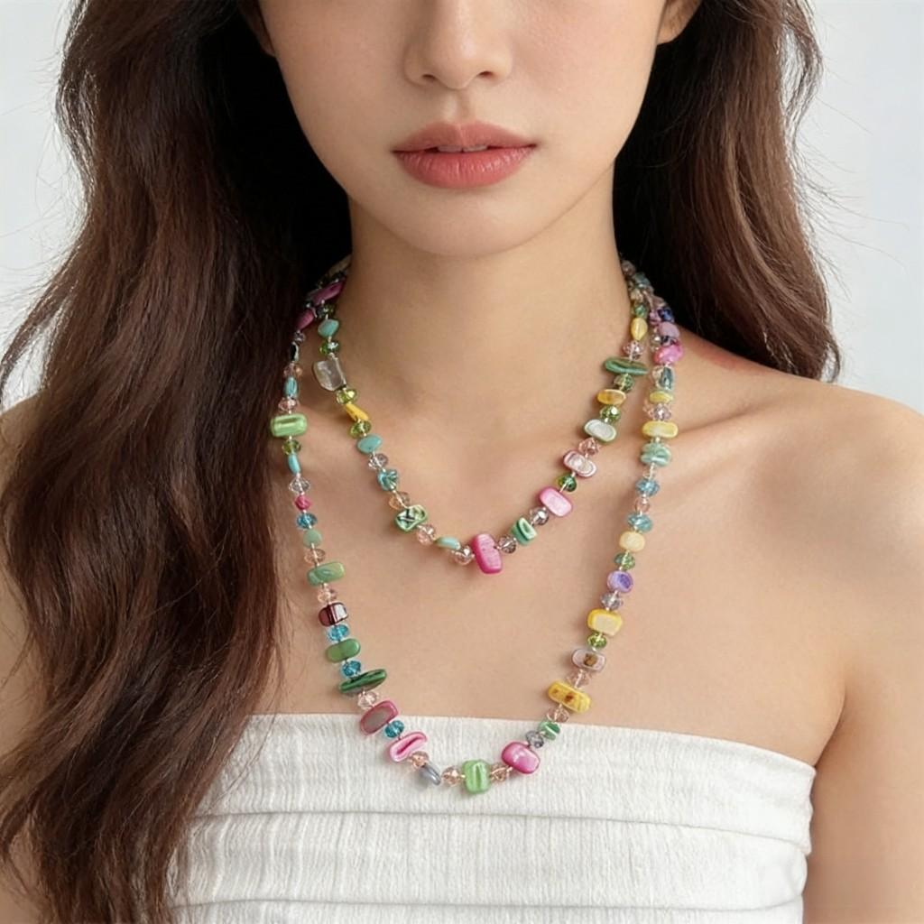 Simple And Versatile Super Long Necklace, Clothes Pendant, Shell Crystal Color Multi-Layer Sweater Chain With Accessories, Fashionable Women