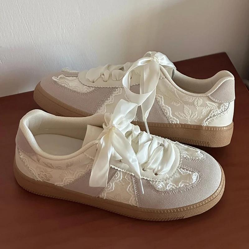 Fashion French Lace - Satin Ribbon Trainer Sneakers | Cream - Sweet Vintage Sporty Sneakers