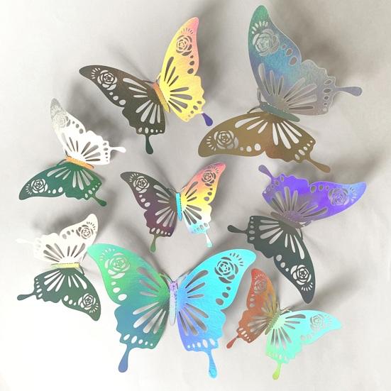 Yousheng 12Pcs/Set 3D Hollow Butterfly Wall Sticker, Removable Holographic Butterfly Decoration, Iridescent Butterflies Decal for Wedding Anniversary