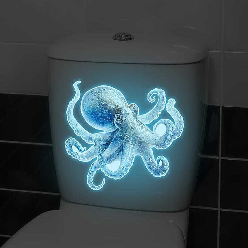 Blauwe Cartoon Octopus Toiletsticker Waterdicht Lichtgevend in het Donker Zelfklevend Verwijderbaar voor Badkamer Grappige Decoratie Ideeën