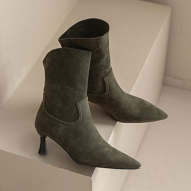 Women's high-heeled short boots spring and autumn pointed-toed thin-heeled simple large-size short boots