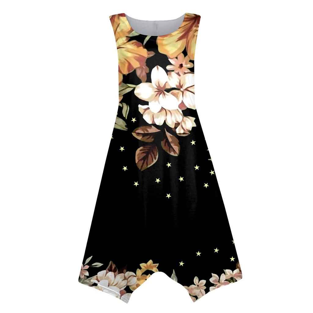 Women's Casual Fashion Round Neck Sleeveless Print Irregular Hem Midi Dress