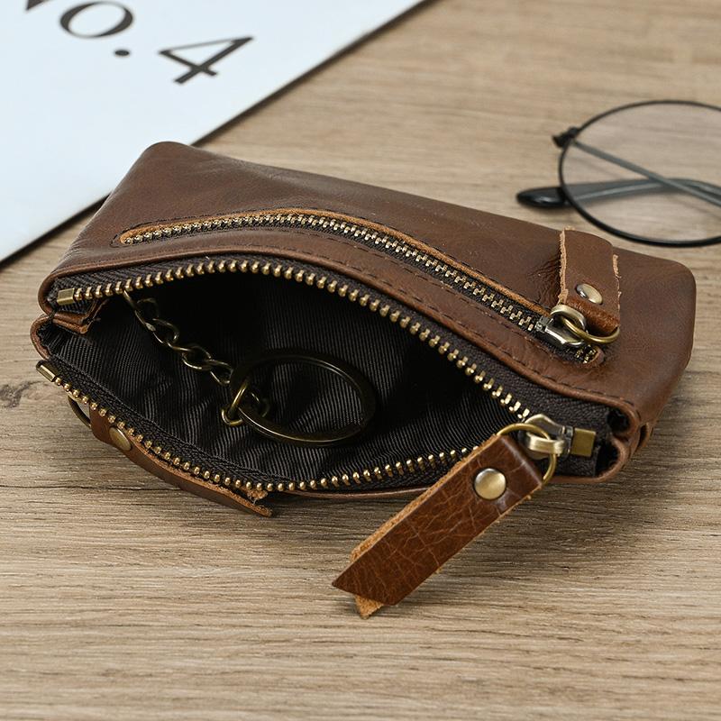 Little Coin Purse Genuine Leather Real Cowhide Men's Leather Short Wallet Mini Purse Men Women Key Wallet Card Zip With Key Ring