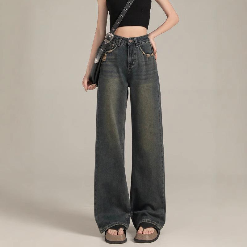 Women's Retro High-Waist Light Jeans: New 2026 Autumn/Winter Loose Straight-Leg Wide Pants