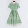 Women's Fashion Casual V Neck Short Sleeve Ruffled Vintage Printed Dresses
