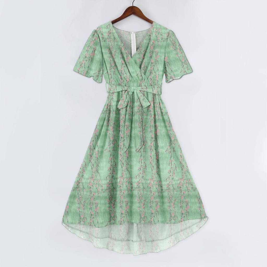 Women's Fashion Casual V Neck Short Sleeve Ruffled Vintage Printed Dresses
