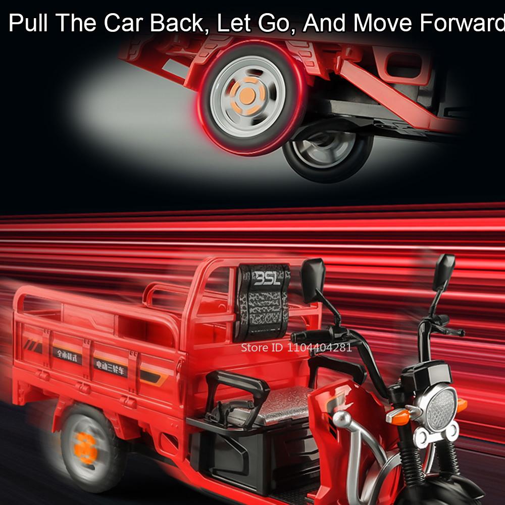 1:12 Electric Tricycle Alloy Model Car Toys Diecast Motorcycle Front Wheel Steering Sound Light Pull Back Vehice Boy Collect Toy