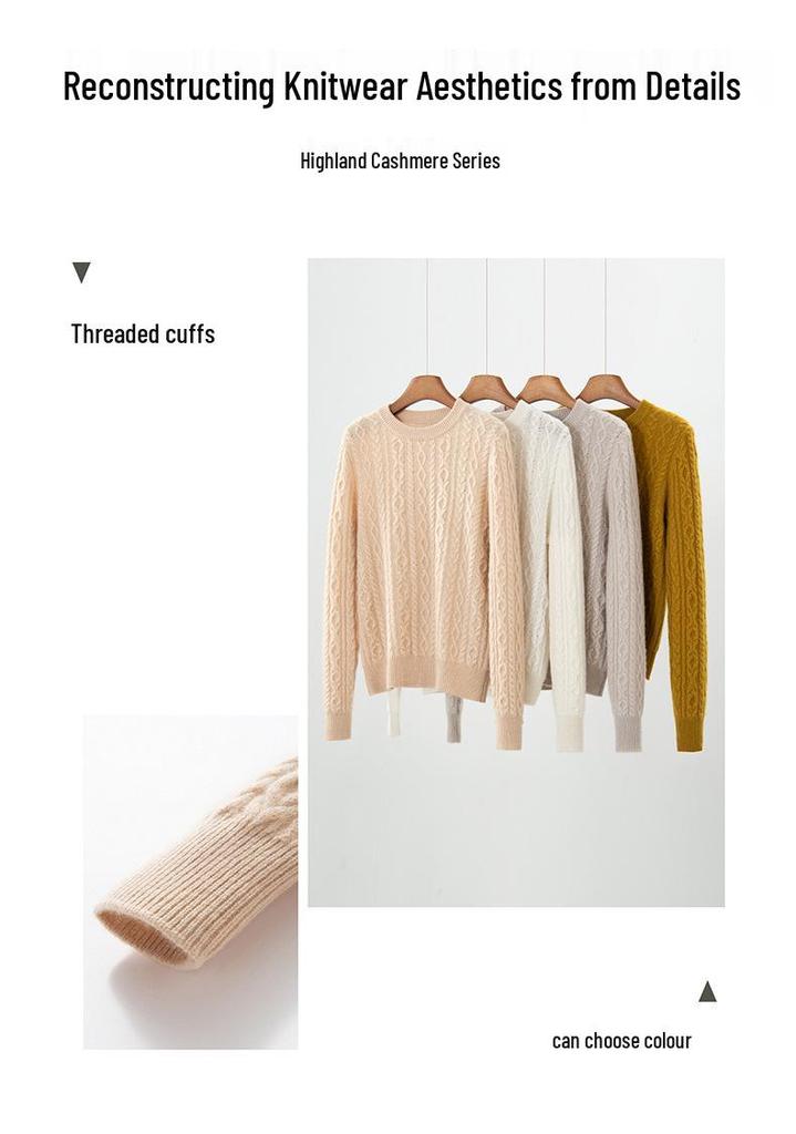 2026 Autumn/Winter Women's Cashmere Round Neck Cable Knit Sweater - Versatile, Loose, Slimming, Thick Knit.