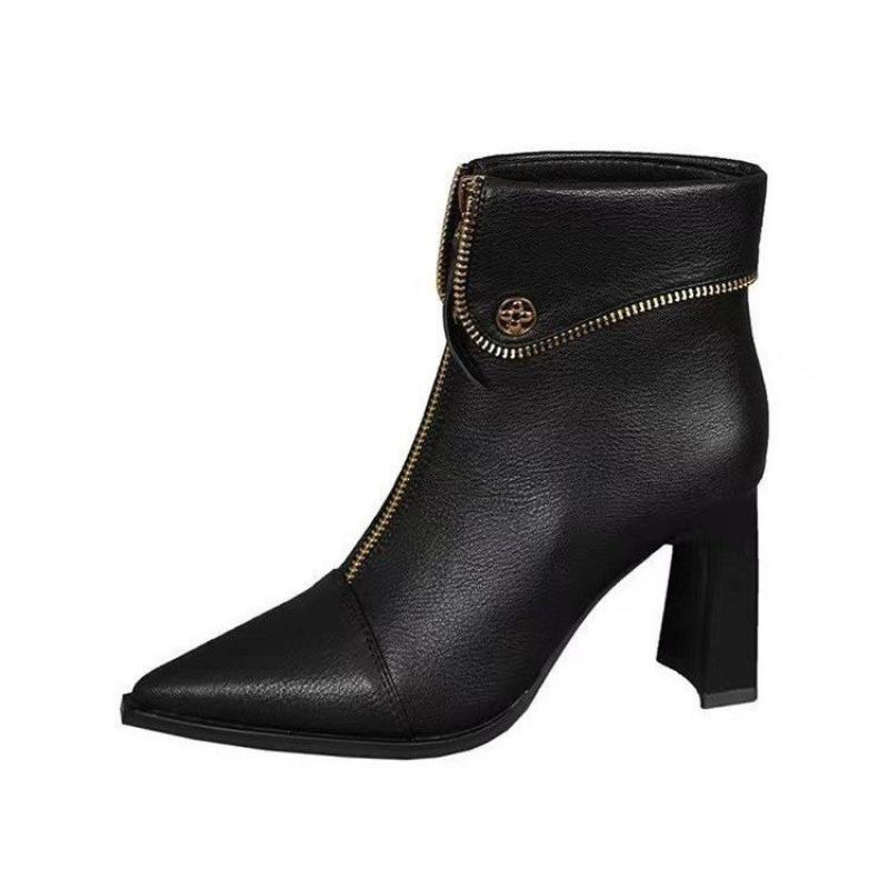 Herbst und Winter neue Temperament Damenstiefel mit hohen Absätzen dicker Absatz keine müden Füße Reißverschluss vorne spitze Martin-Stiefel Damen