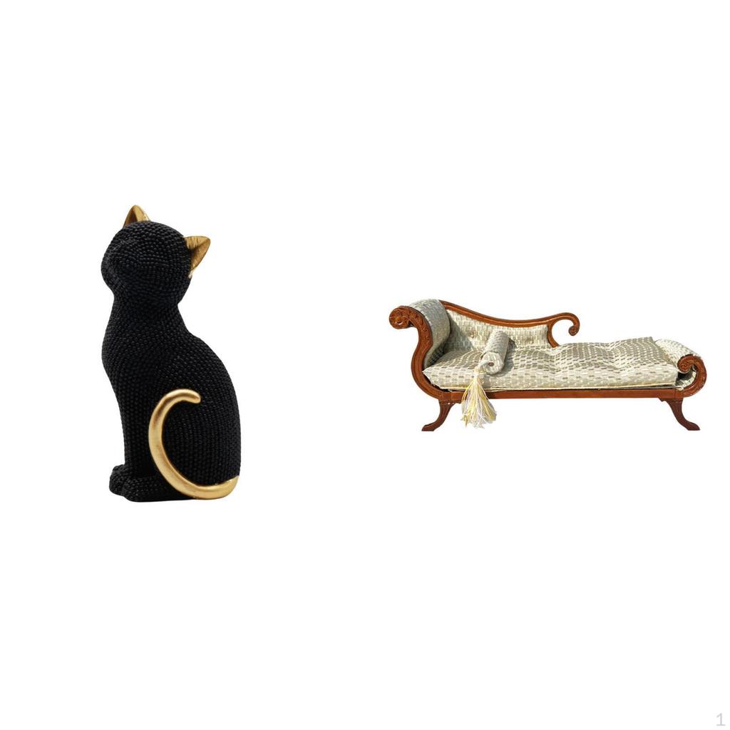 Cat Statue Resin Animal Figurine for Living Room Bedroom Entrance Bookshelf with Miniature Wooden