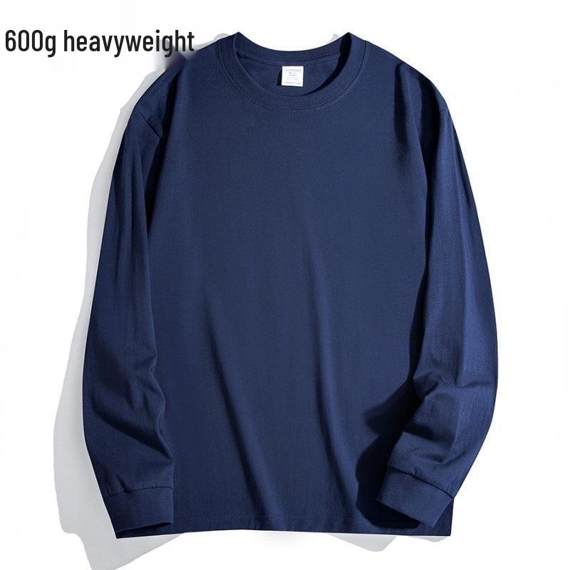 600G Heavyweight Men's Loose Fit Pure Cotton Long Sleeve T-Shirt - Small Neckline, High Gram Weight, Autumn/Winter.